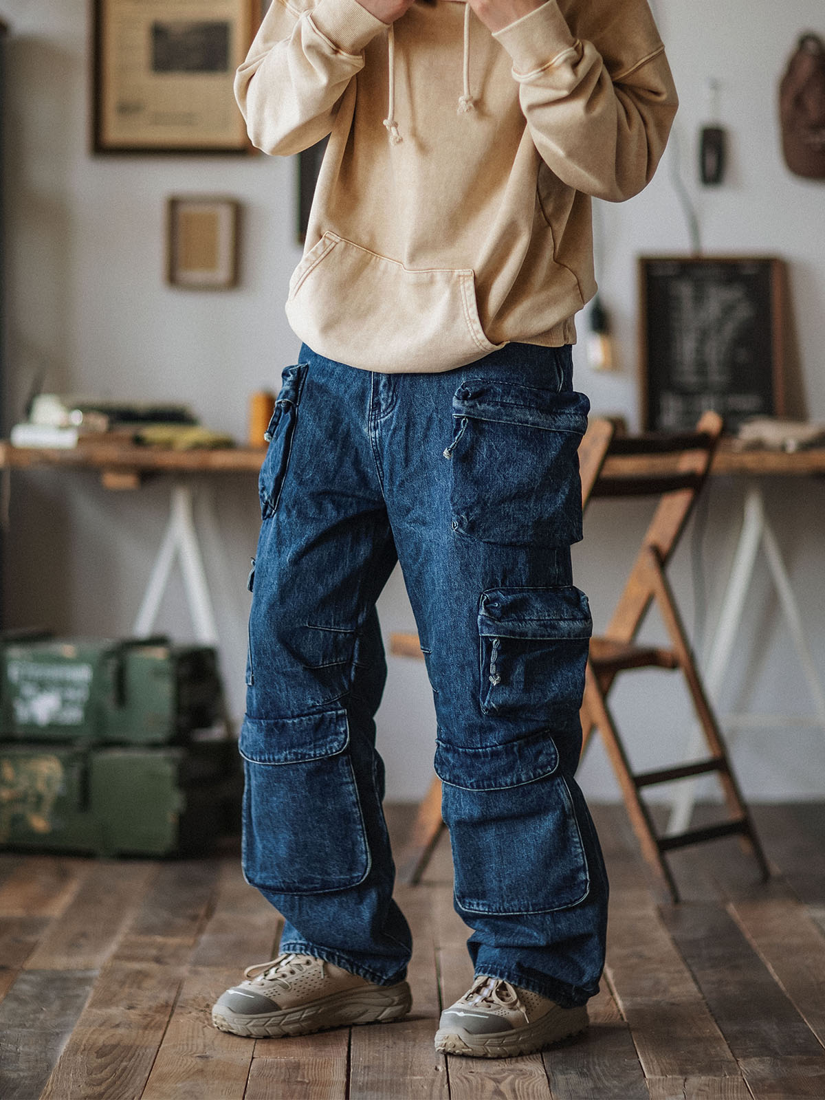 Heavy Denim Cargo Pockets Cruiser Pants