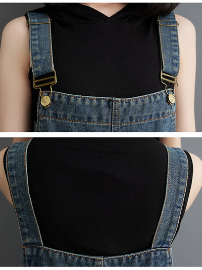 Washed Relaxed Fit Cropped Denim Overalls with Front Button Pockets