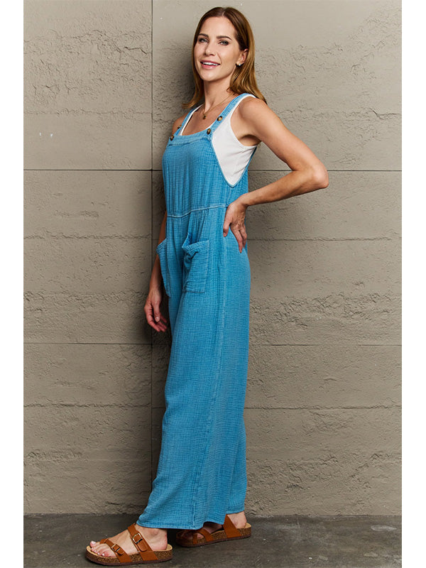 Women's Casual Pocket Square Neck Loose Wide Leg Jumpsuit