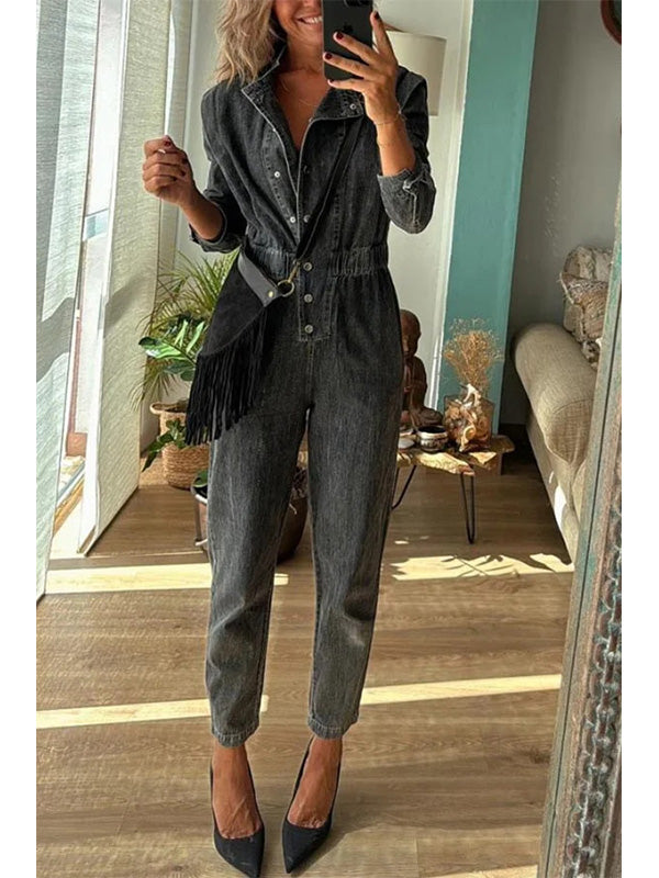 Women's Button-Front Relaxed Denim Jumpsuit