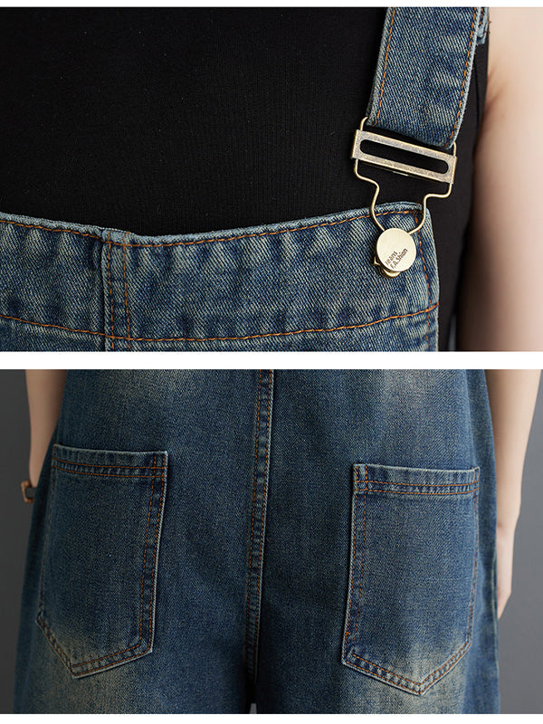 Washed Relaxed Fit Cropped Denim Overalls with Front Button Pockets