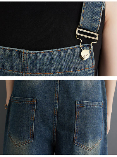 Washed Relaxed Fit Cropped Denim Overalls with Front Button Pockets