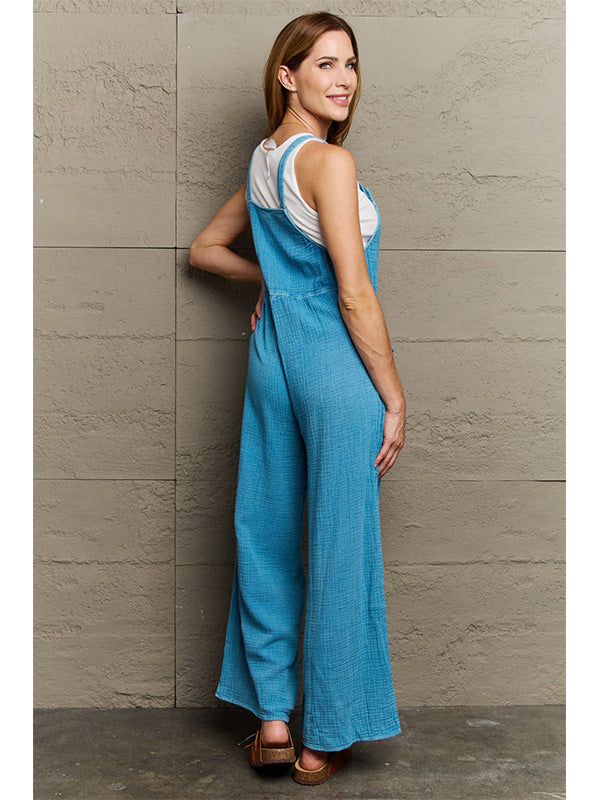 Women's Casual Pocket Square Neck Loose Wide Leg Jumpsuit