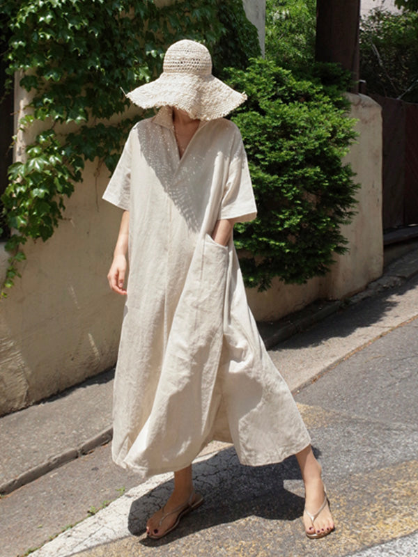 Loose Cotton and Linen V-Neck Shirt Dress