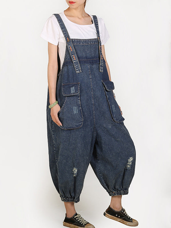 Women's Loose Fit Denim Cropped Overalls