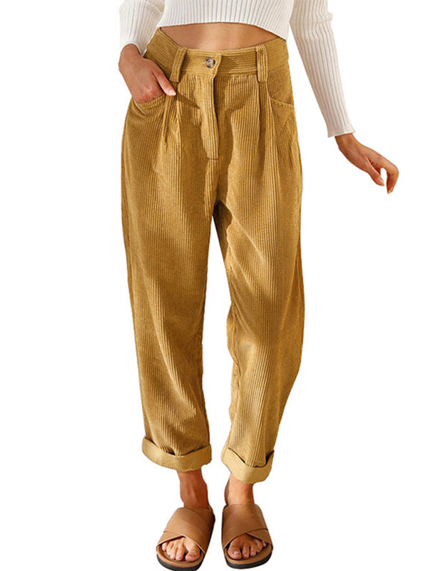 Women's High Waisted Straight Leg Corduroy Pants with Pockets