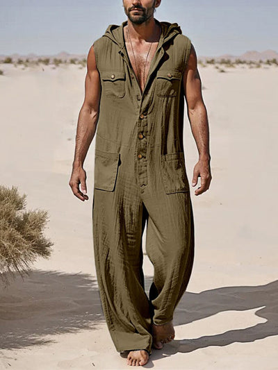 Men's Button Up Sleeveless Hooded Jumpsuit