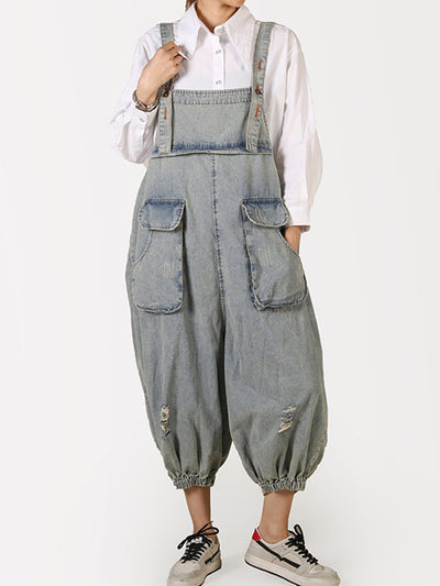 Women's Loose Fit Denim Cropped Overalls