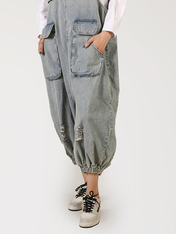 Women's Loose Fit Denim Cropped Overalls