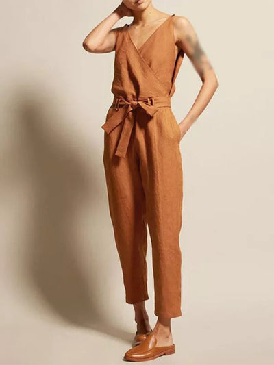 V-neck Casual Jumpsuit With Belt