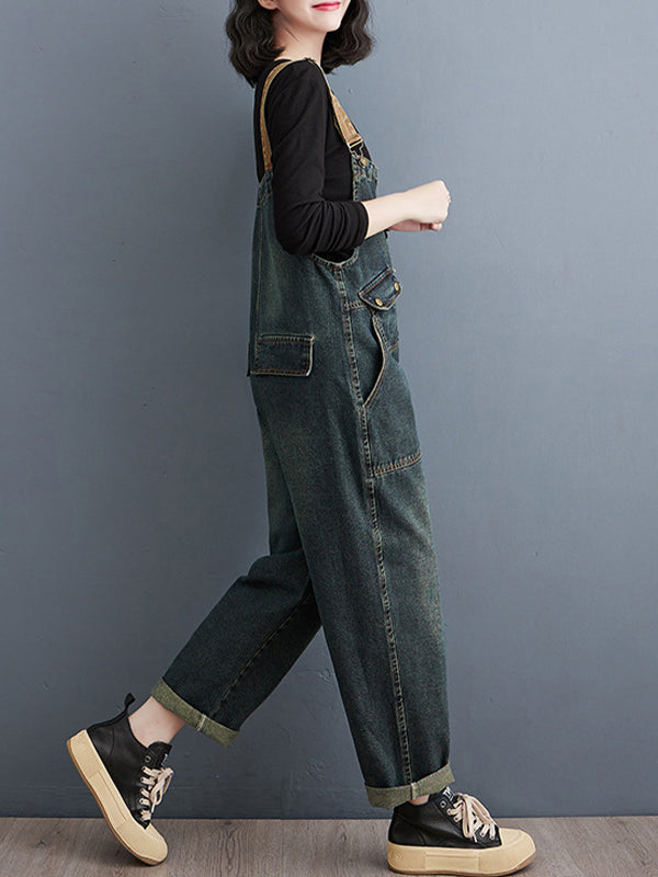 Women's Contrast Washed Denim Overalls