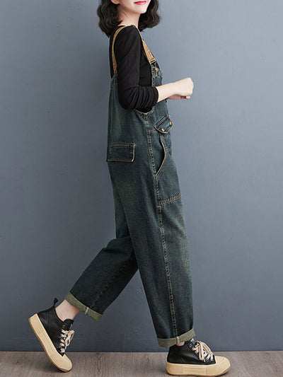 Women's Contrast Washed Denim Overalls