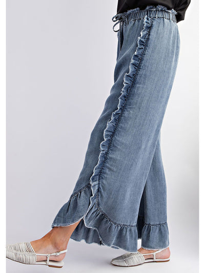 Loose Fit Drawstring Ruffle Wide Leg Denim Pants