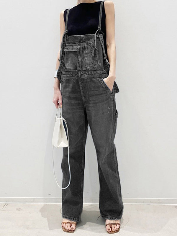 Double-Strap Denim Overalls with Side Bottom Splits