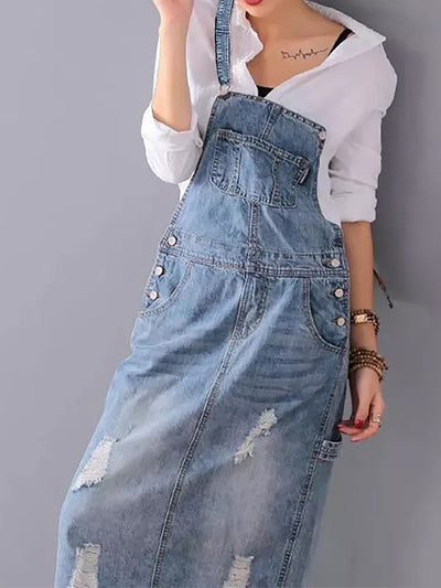 Back Slit Distressed Denim Overalls Dress