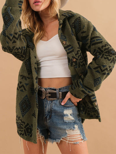 Aztec-Inspired Sherpa Fleece Oversized Jacket