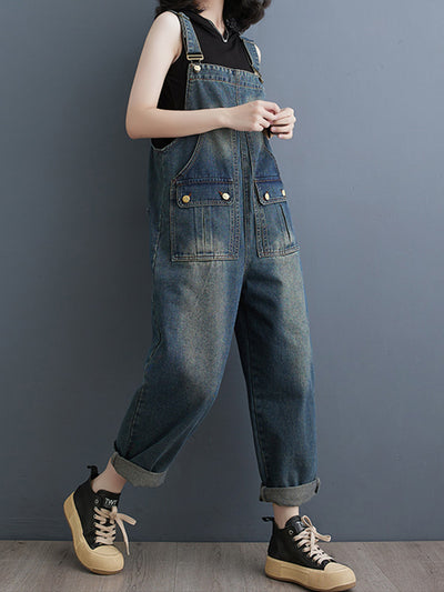 Washed Relaxed Fit Cropped Denim Overalls with Front Button Pockets