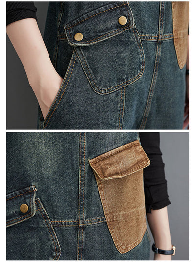 Women's Contrast Washed Denim Overalls