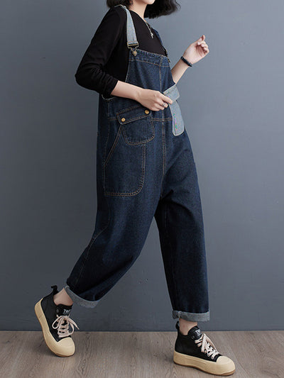 Women's Contrast Washed Denim Overalls