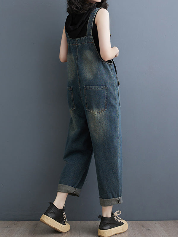 Washed Relaxed Fit Cropped Denim Overalls with Front Button Pockets