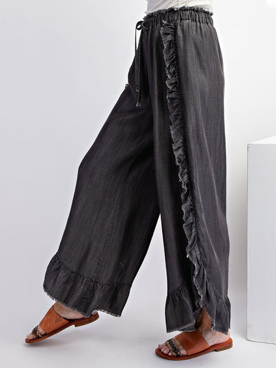 Loose Fit Drawstring Ruffle Wide Leg Denim Pants