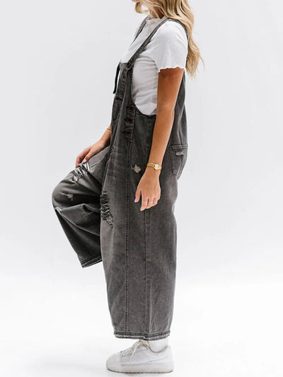 Loose Fit Distressed Denim Overalls