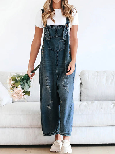 Loose Fit Distressed Denim Overalls