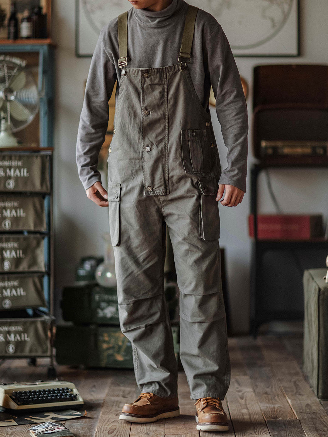 Men's Canvas Overalls Flap Pockets Button Front Workwear