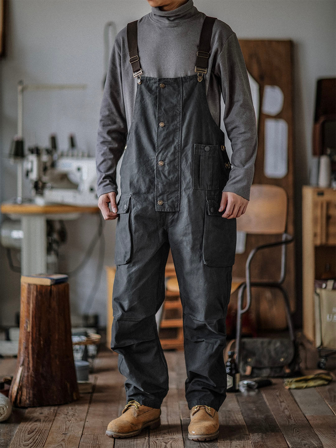 Men's Canvas Overalls Flap Pockets Button Front Workwear