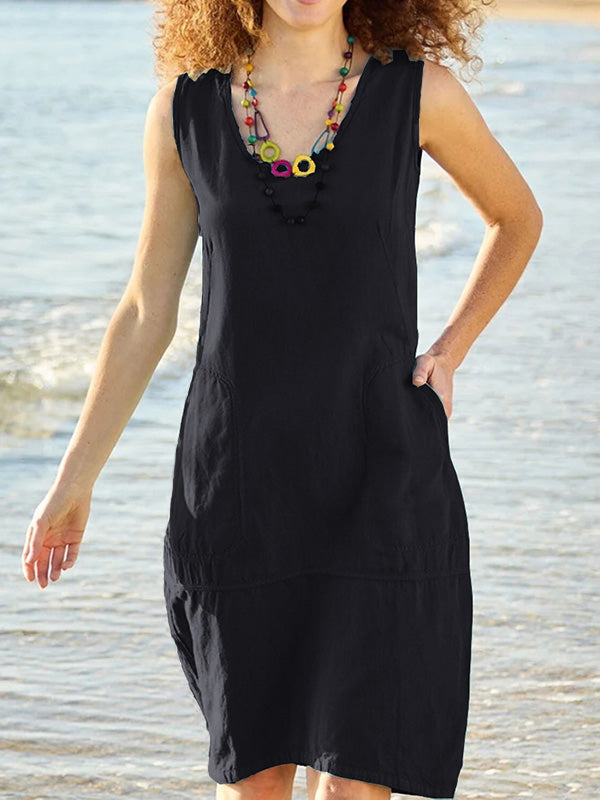 Cotton and Linen U-neck Sleeveless Dress with pockets