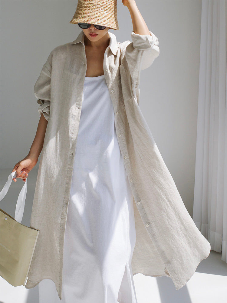 Cotton and Linen Shirt Dress with Side Slits – Madepants