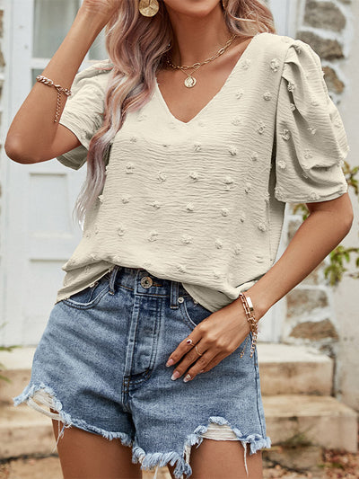 Swiss Dot V Neck Short Puff Sleeve Top